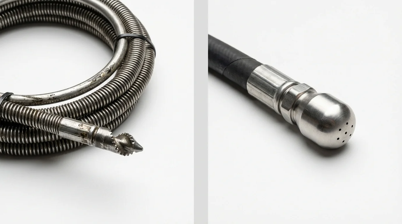 Drain snake cable and hydro jetting nozzle used for drain cleaning in Crompond, NY