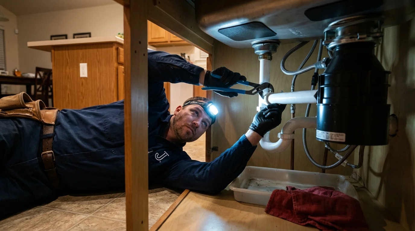P-trap and supply line connections under a kitchen sink showing a common leak point in Crompond, NY
